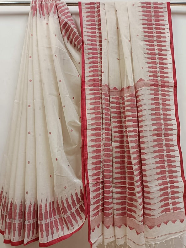 Balaram Saha White & Red Handloom Handwoven Cotton Jamdani Saree - (handloom saree, jamdani saree, jamdani sarees, cotton jamdani saree, jamdani cotton saree handloom cotton saree, balaram saha online, jamdani saree online, soft jamdani saree)    https://www.dropcatch.com/