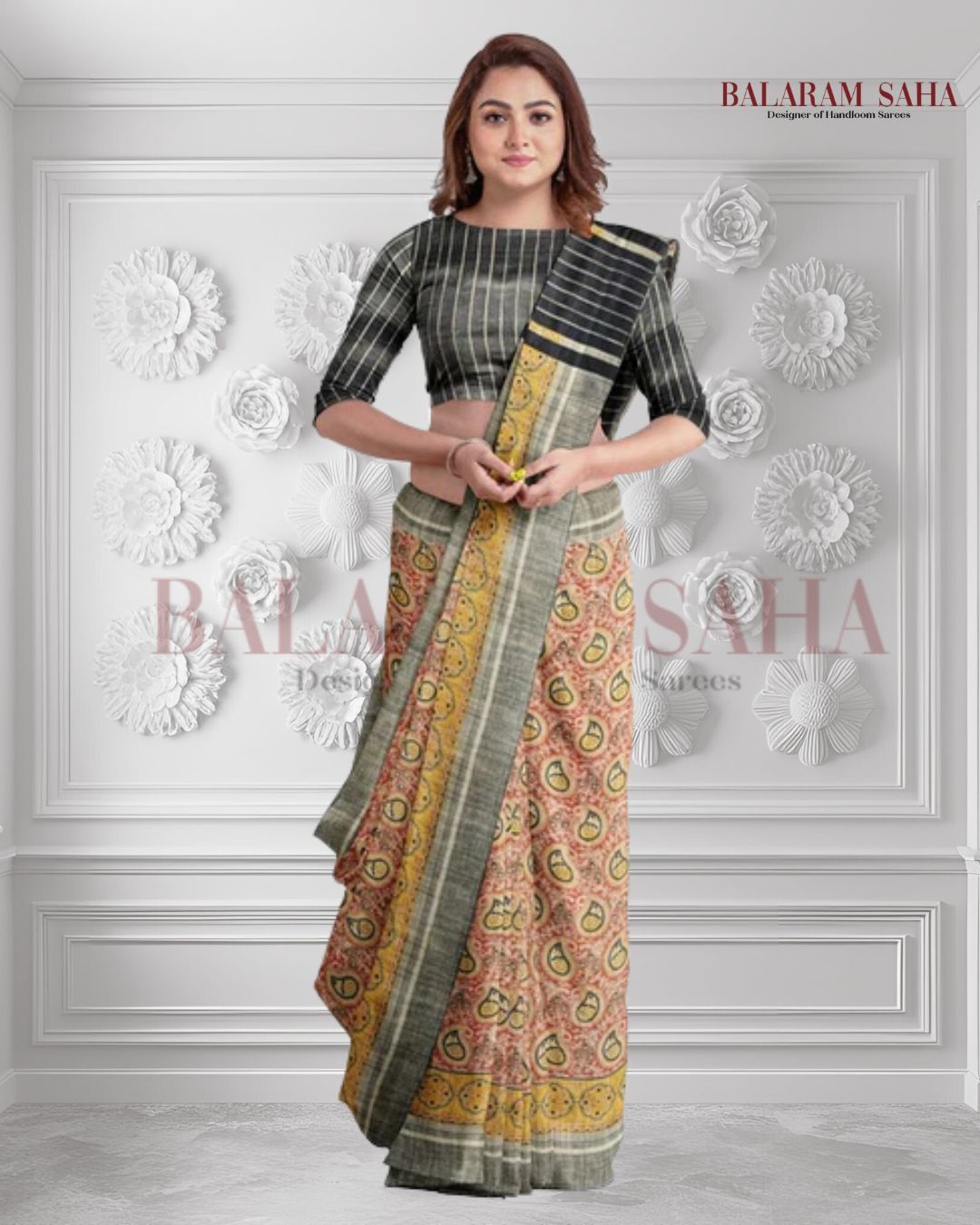 Balaram Saha’s Signature: Black & Mustard Handloom Ghichha Tussar Printed Silk Saree - (handloom saree, silk saree, handloom silk saree, balaram saha online, silk sarees, silk handloom saree, bengal handloom sarees, pure silk, silk saree online, tussar silk saree, tussar silk, bengali silk saree)