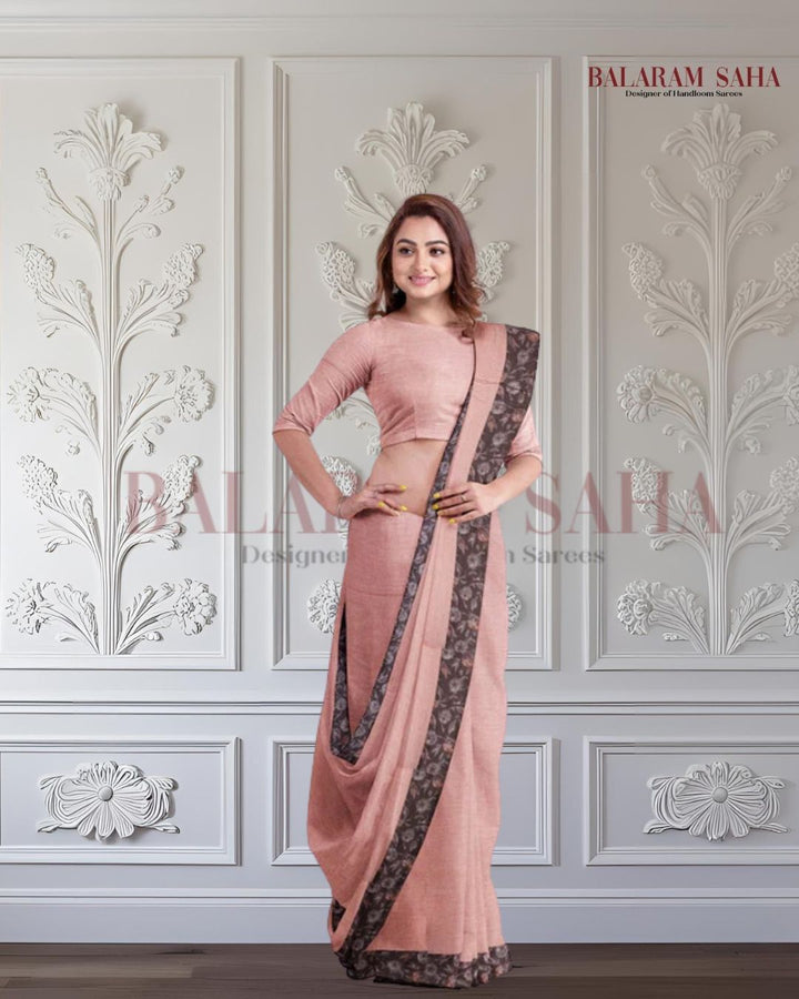 Beige & Black Handloom Mul Cotton Saree With Aplik Printed Border Balaram Saha
