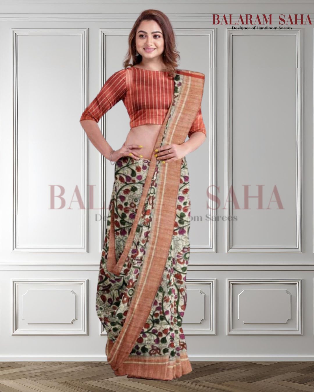 Beige & Red Handloom Ghichha Tussar Silk With Multi Print by Balaram Saha - (handloom saree, silk saree, handloom silk saree, balaram saha online, silk sarees, silk handloom saree, bengal handloom sarees, pure silk, silk saree online, tussar silk saree, tussar silk, bengali silk saree)