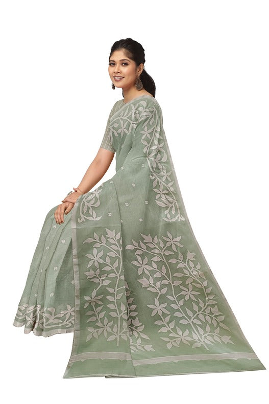 Cotton Dhakai Saree by Balaram Saha – Green & White Elegance