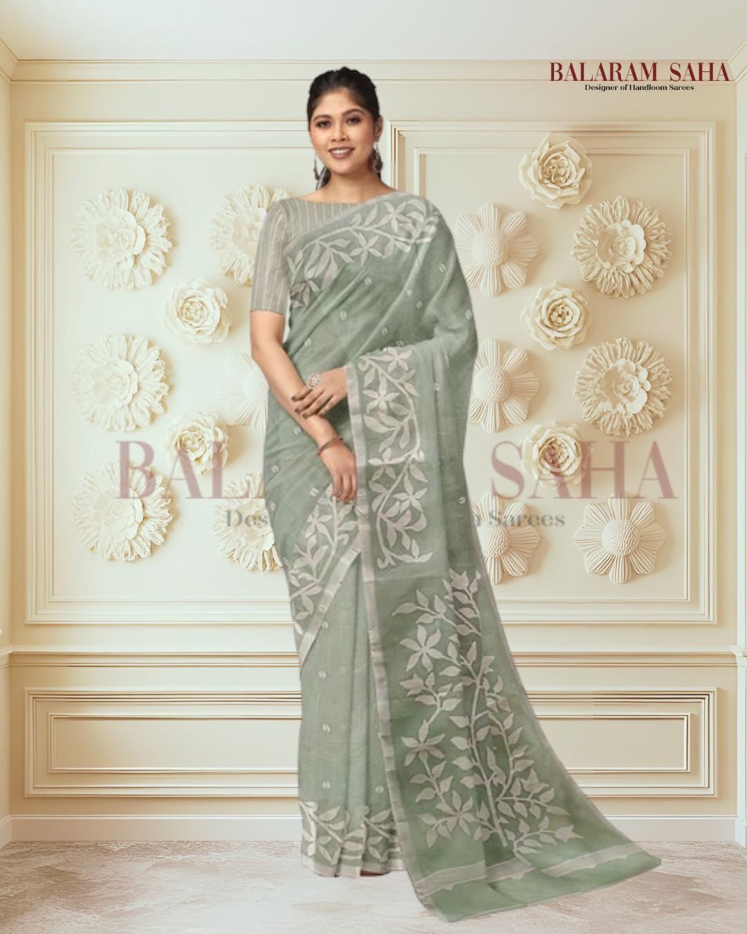Cotton Dhakai Saree by Balaram Saha – Green & White Elegance