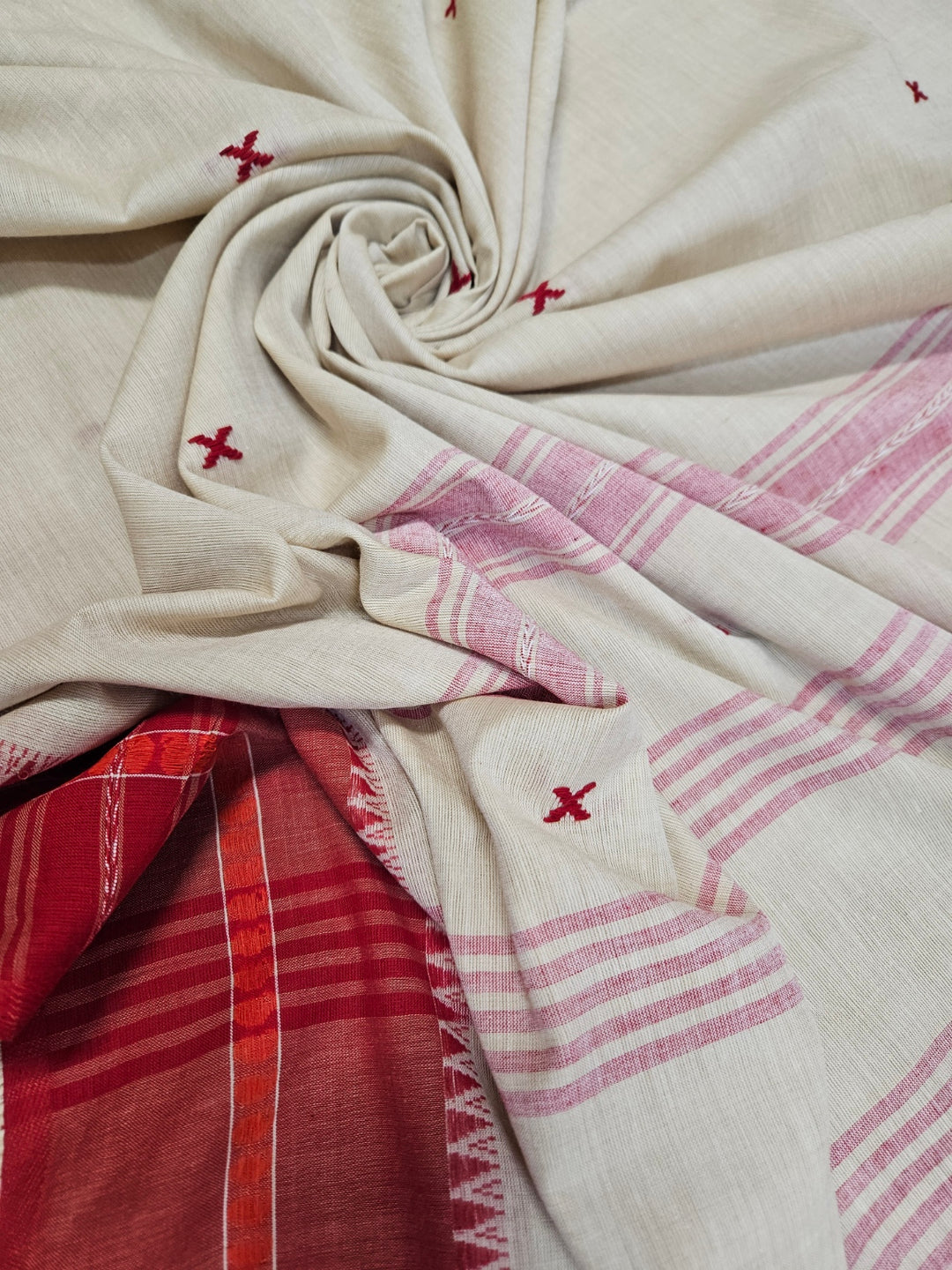 Beige & Red Soft Handloom Dhonekali Cotton Saree From Balaram Saha