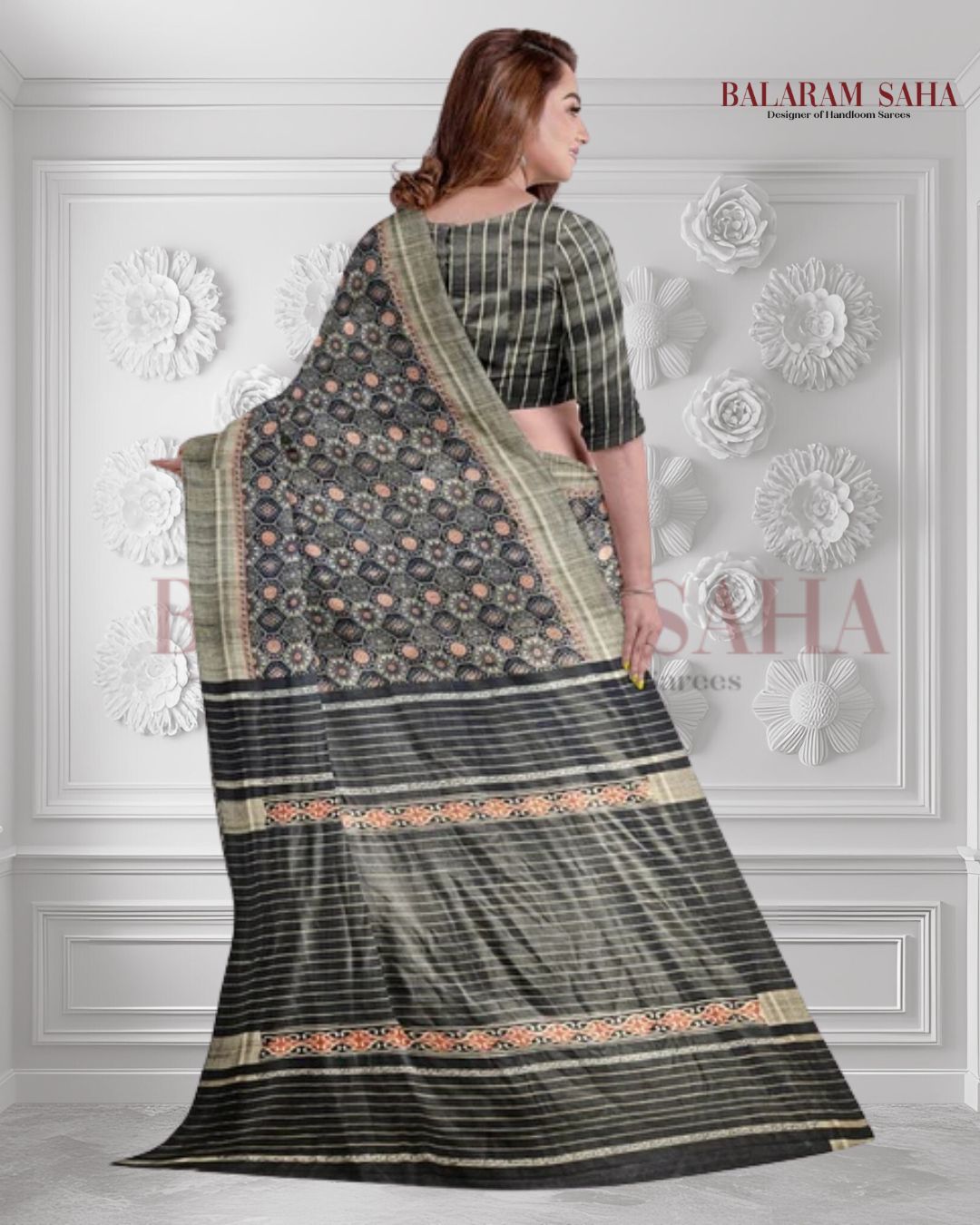 Black Handloom Ghichha Tussar Printed Silk Saree by Balaram Saha - (handloom saree, silk saree, handloom silk saree, balaram saha online, silk sarees, silk handloom saree, bengal handloom sarees, pure silk, silk saree online, tussar silk saree, tussar silk, bengali silk saree)