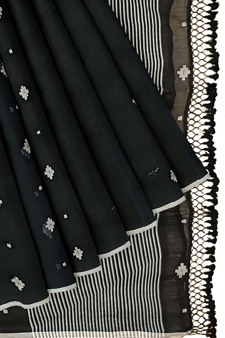 Black on White Soft Handloom Mull Cotton Saree Balaram Saha