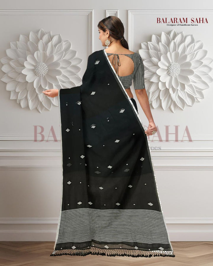 Black on White Soft Handloom Mull Cotton Saree Balaram Saha