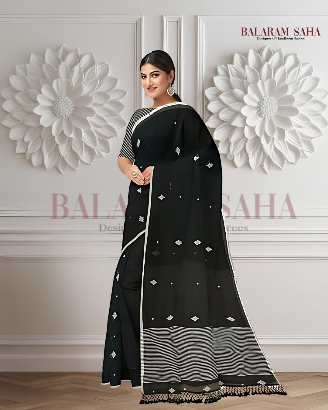 Black on White Soft Handloom Mull Cotton Saree Balaram Saha