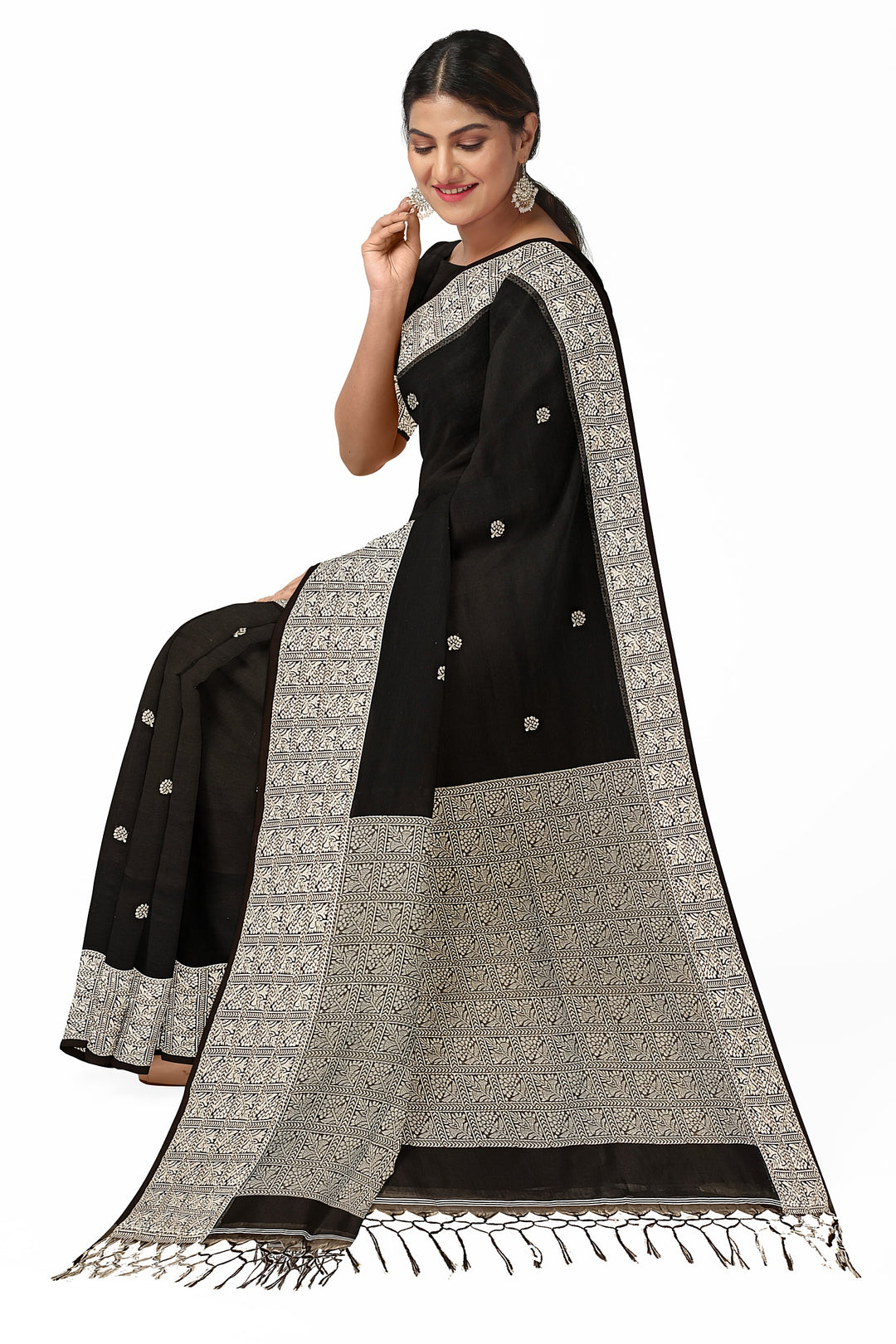 Handloom Cotton Saree by Balaram Saha – Black & White with Woven Border