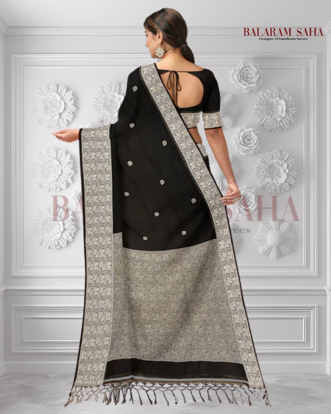 Handloom Cotton Saree by Balaram Saha – Black & White with Woven Border
