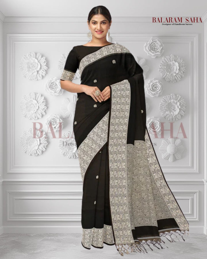 Handloom Cotton Saree by Balaram Saha – Black & White with Woven Border