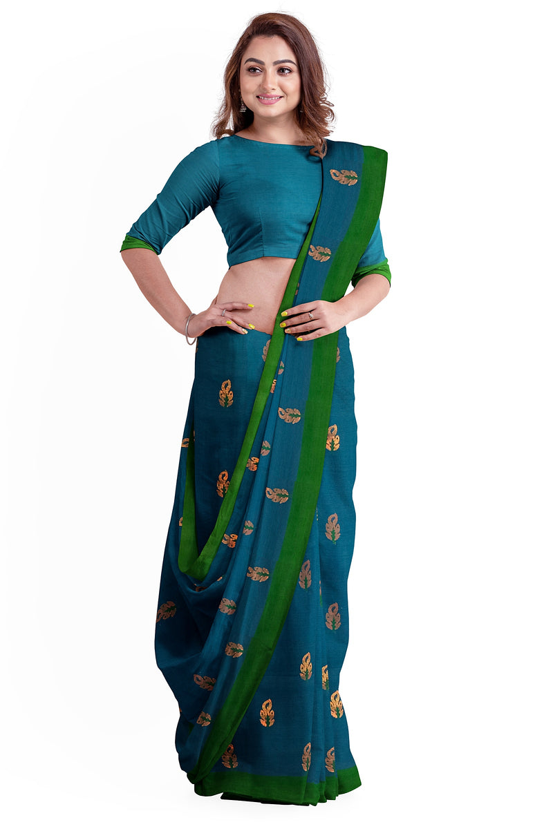 Bright Blue Soft Handloom Cotton saree With Green Border