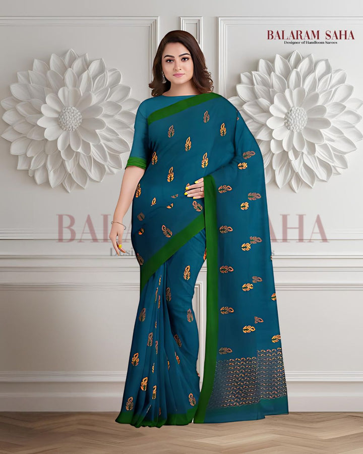 Bright Blue Soft Handloom Cotton saree With Green Border Balaram Saha