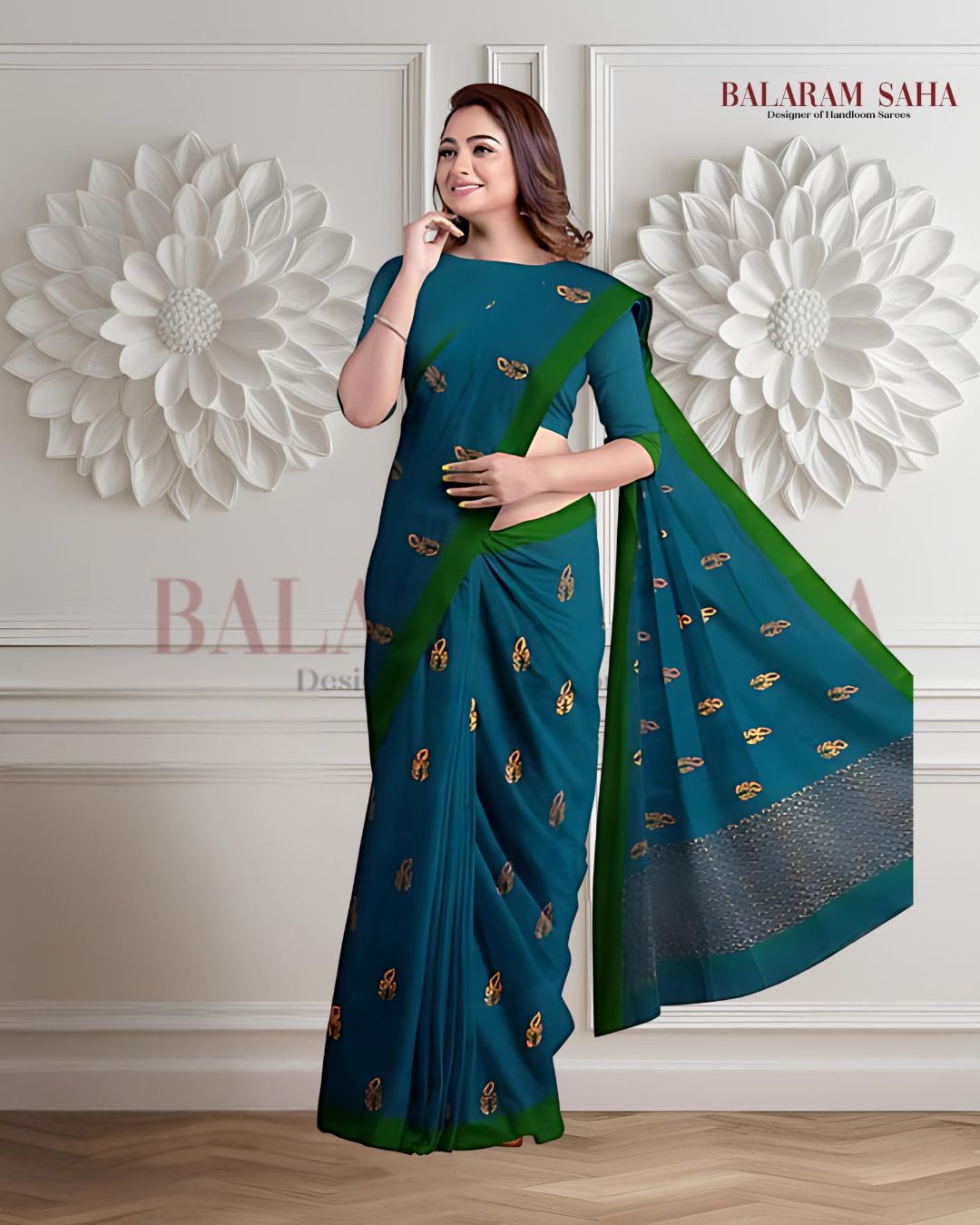 Bright Blue Soft Handloom Cotton saree With Green Border Balaram Saha