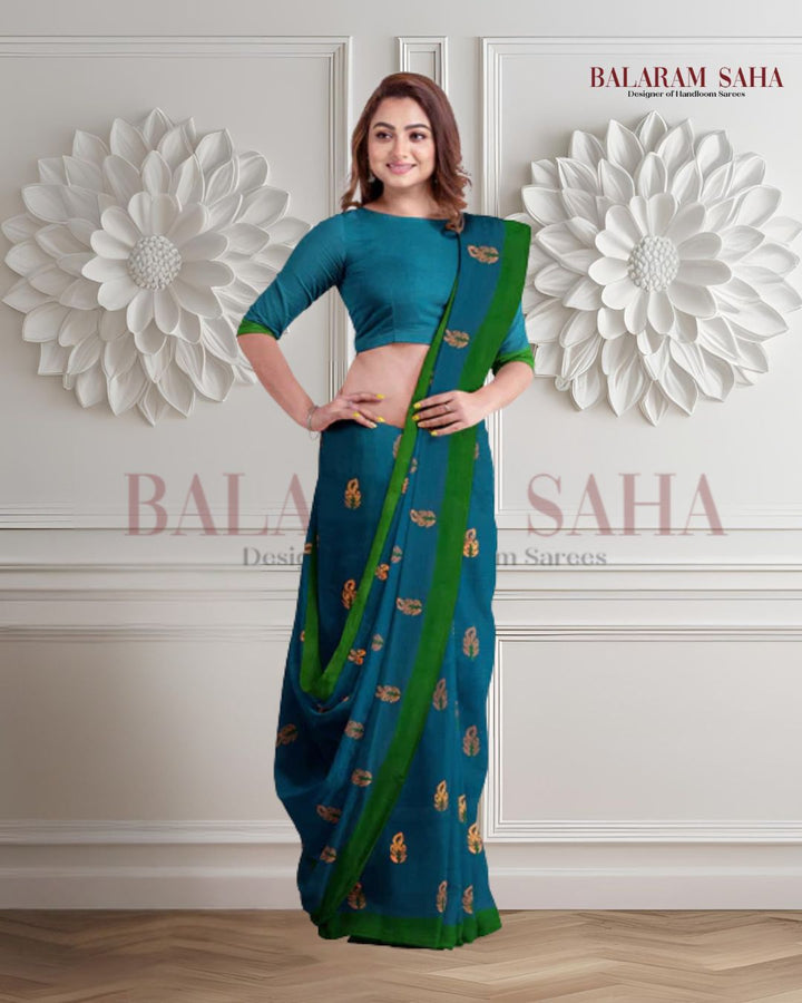 Bright Blue Soft Handloom Cotton saree With Green Border Balaram Saha