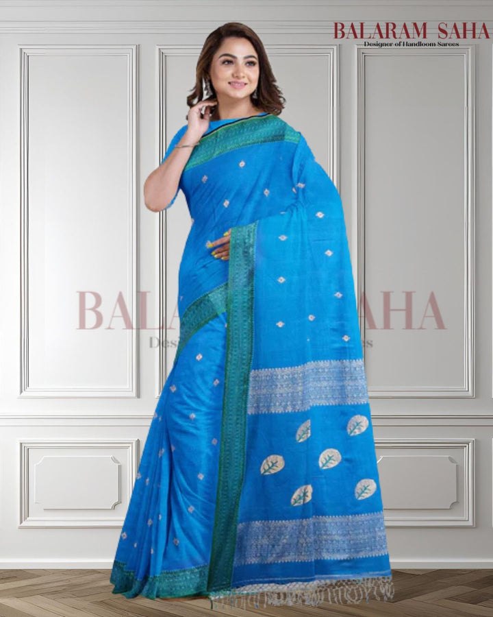 Blue & Green Soft Handloom Fine Cotton Saree With Woven Border Balaram Saha (handloom saree, cotton saree, handloom cotton saree, balaram saha online, pure cotton)  https://moz.com/
