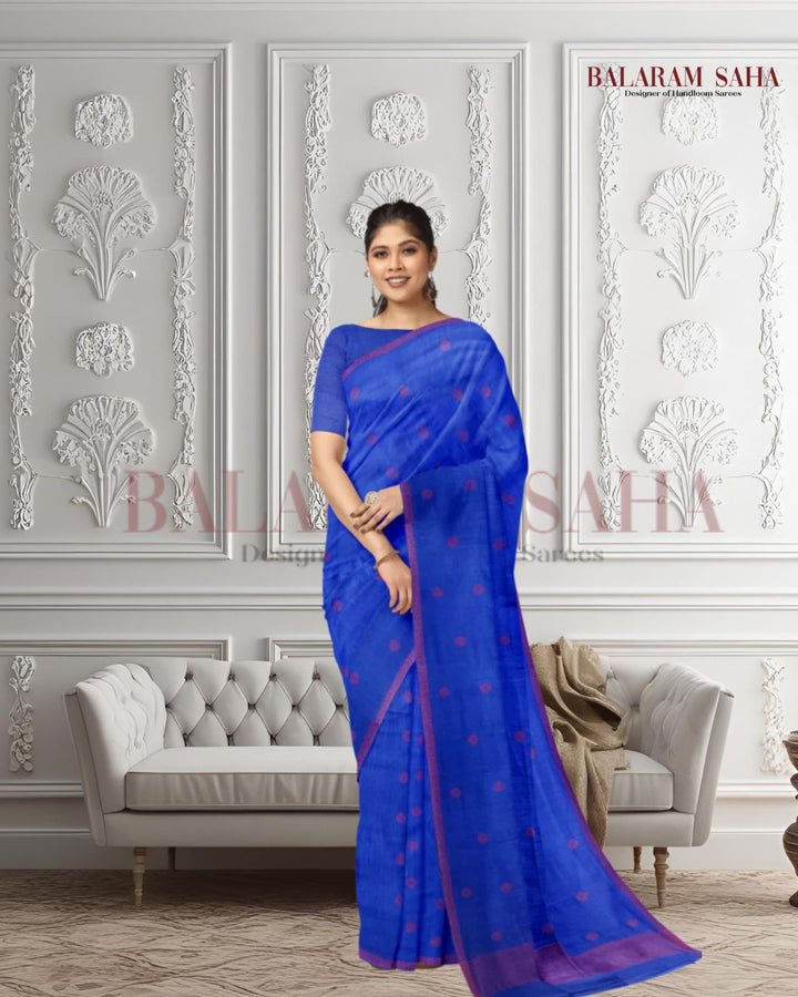 Blue & Red Handloom Premium Cotton Jamdani Saree Balaram Saha