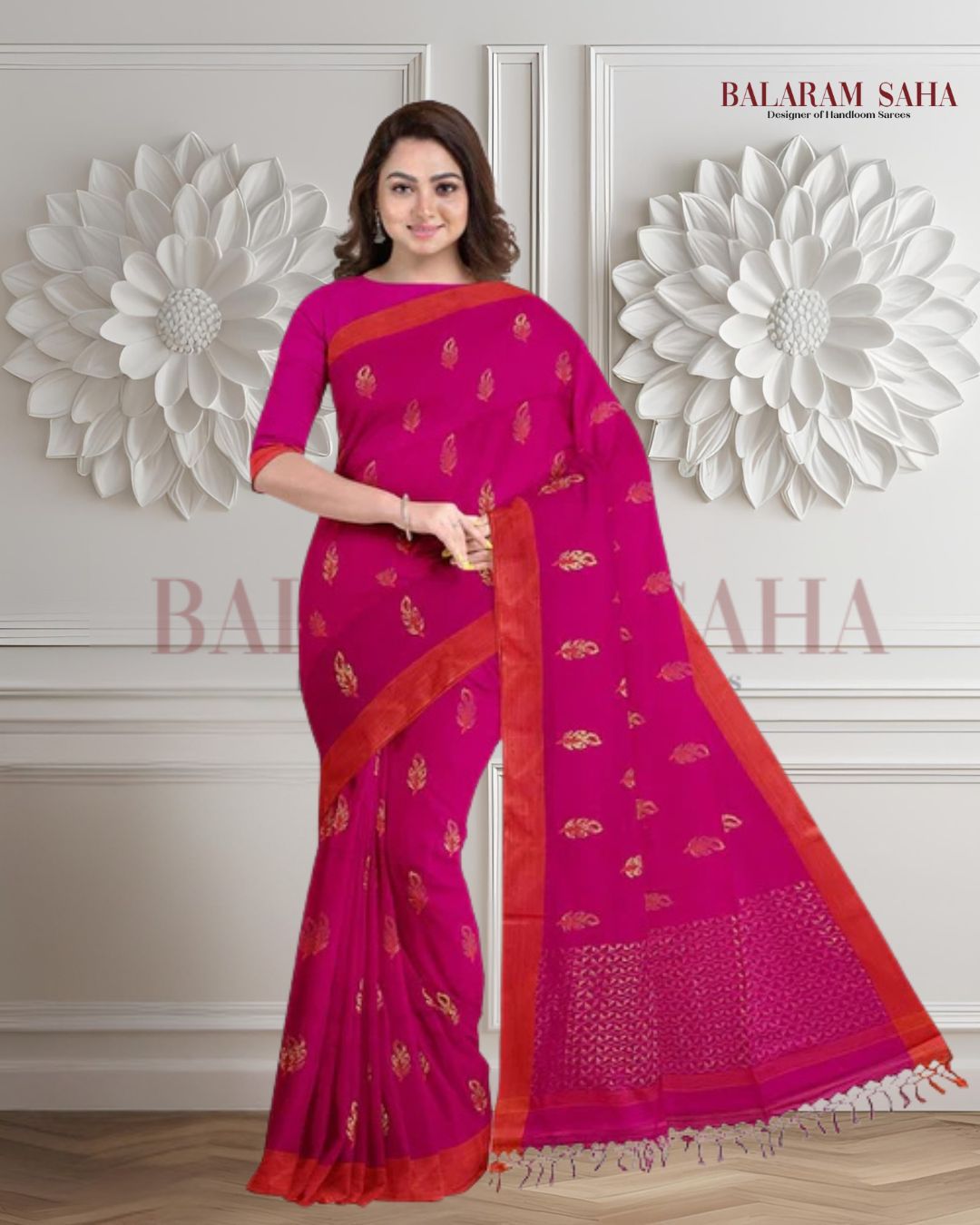 Khadi Cotton Saree in Rani Pink & Orange by Balaram Saha - Timeless Charm