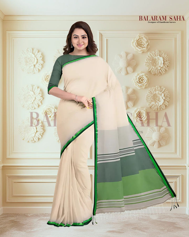 Premium Quality Off-White Handloom Cotton Saree with Satin Contrast Border Balaram Saha