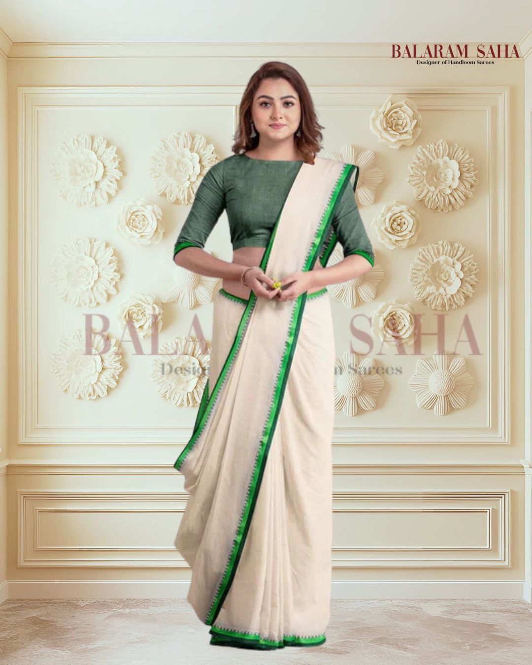 Premium Quality Off-White Handloom Cotton Saree with Satin Contrast Border Balaram Saha