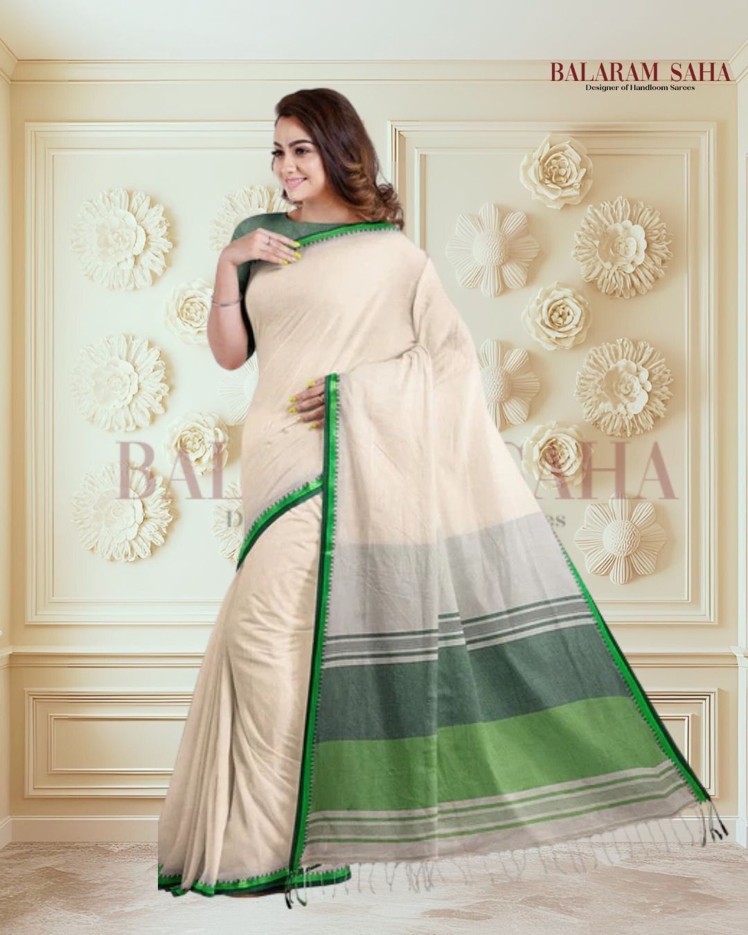 Premium Quality Off-White Handloom Cotton Saree with Satin Contrast Border Balaram Saha