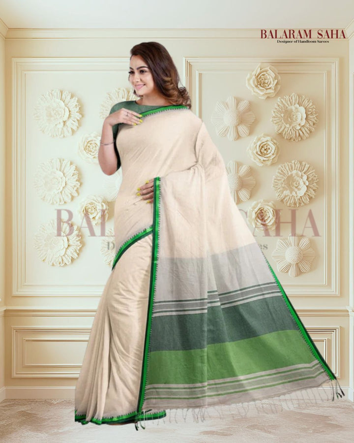 Premium Quality Off-White Handloom Cotton Saree with Satin Contrast Border Balaram Saha
