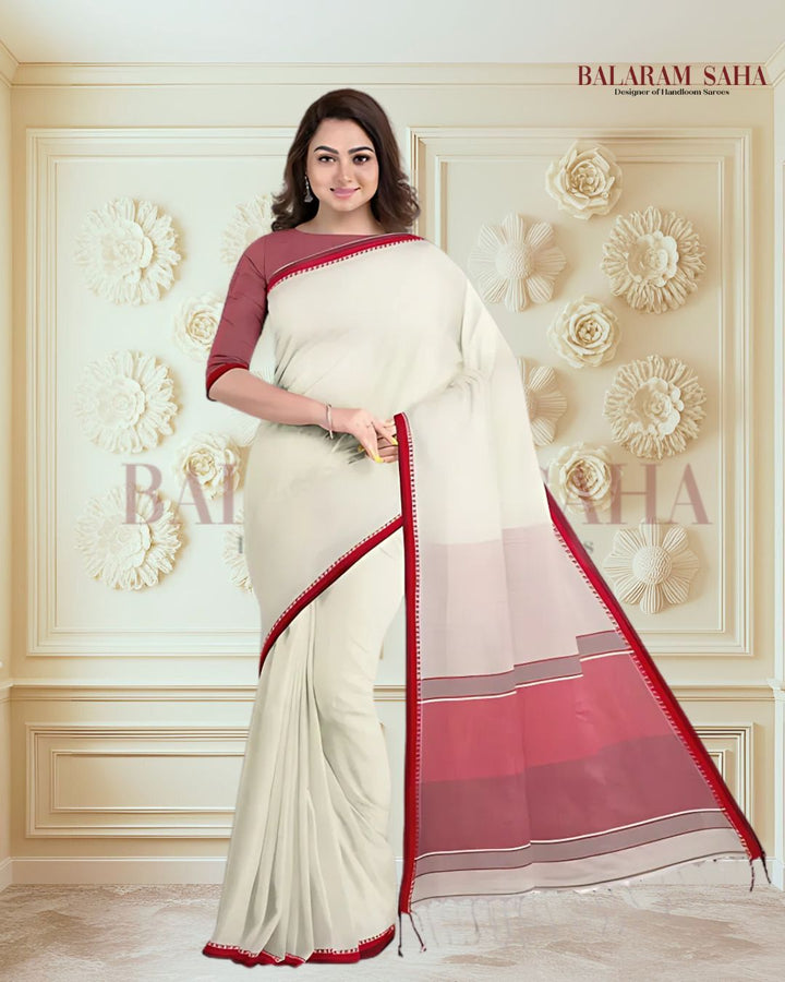 Premium Quality Off-White Handloom Cotton Saree with Satin Contrast Border Balaram Saha