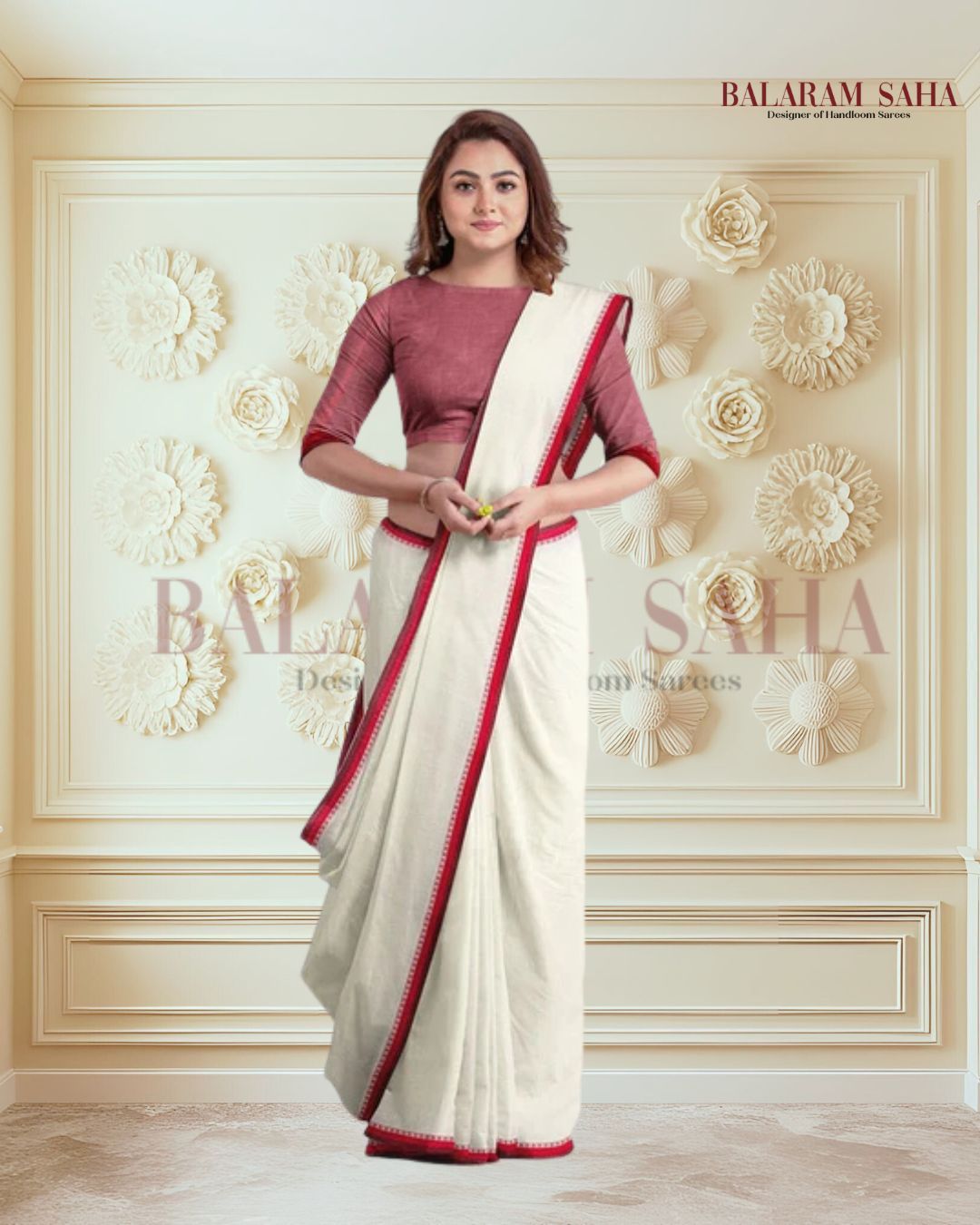 Premium Quality Off-White Handloom Cotton Saree with Satin Contrast Border Balaram Saha