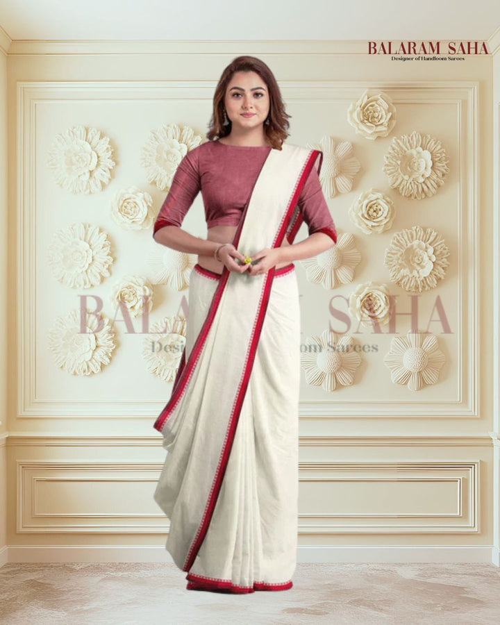 Premium Quality Off-White Handloom Cotton Saree with Satin Contrast Border Balaram Saha