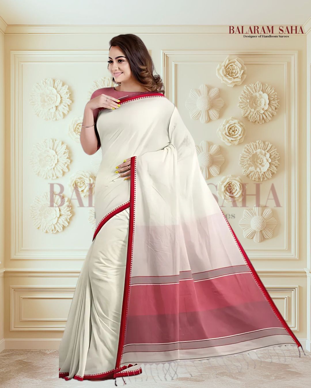 Premium Quality Off-White Handloom Cotton Saree with Satin Contrast Border Balaram Saha
