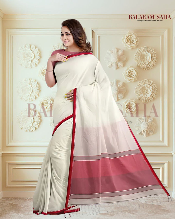 Premium Quality Off-White Handloom Cotton Saree with Satin Contrast Border Balaram Saha