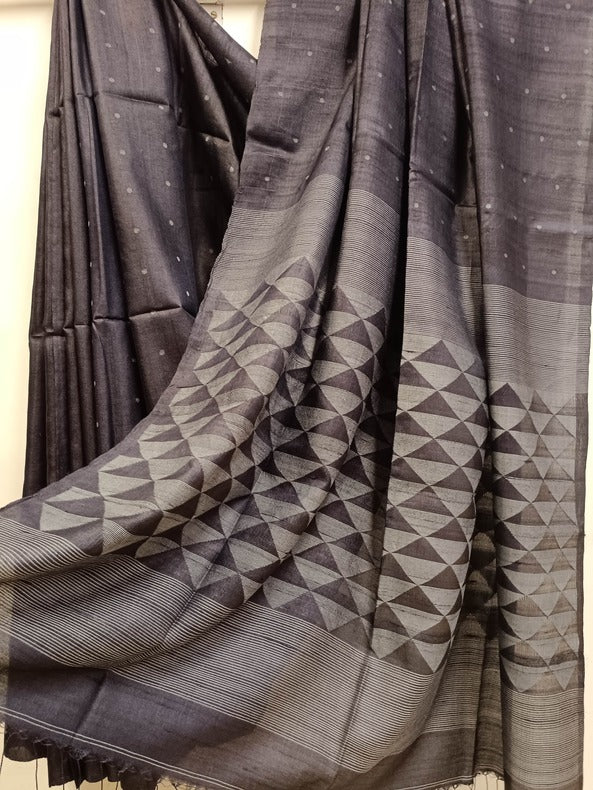 Charcoal Black & Grey Handloom Tussar Silk Jamdani Saree Balaram Saha