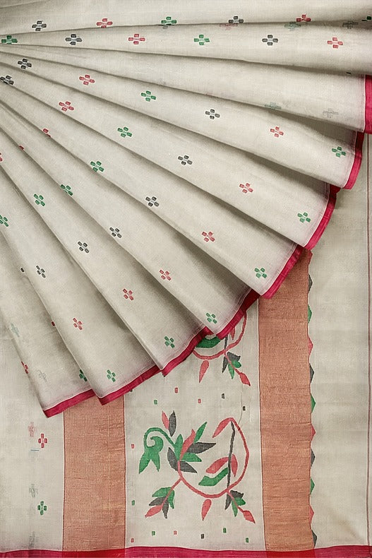 Classic White & Red Handloom Cotton Jamdani Saree by Balaram Saha - (handloom saree, cotton saree, handloom cotton saree, balaram saha online, handloom sarees, balaram saha handloom saree store photos, balaram saha handloom saree store, cotton handloom saree, bengal handloom sarees, pure cotton, cotton saree for women, cotton saree online)