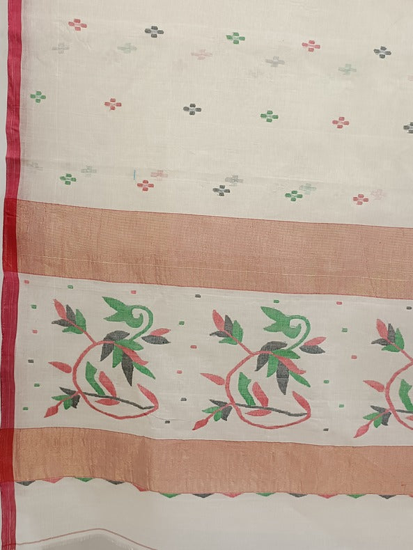 Classic White & Red Handloom Cotton Jamdani Saree by Balaram Saha - (handloom saree, cotton saree, handloom cotton saree, balaram saha online, handloom sarees, balaram saha handloom saree store photos, balaram saha handloom saree store, cotton handloom saree, bengal handloom sarees, pure cotton, cotton saree for women, cotton saree online)