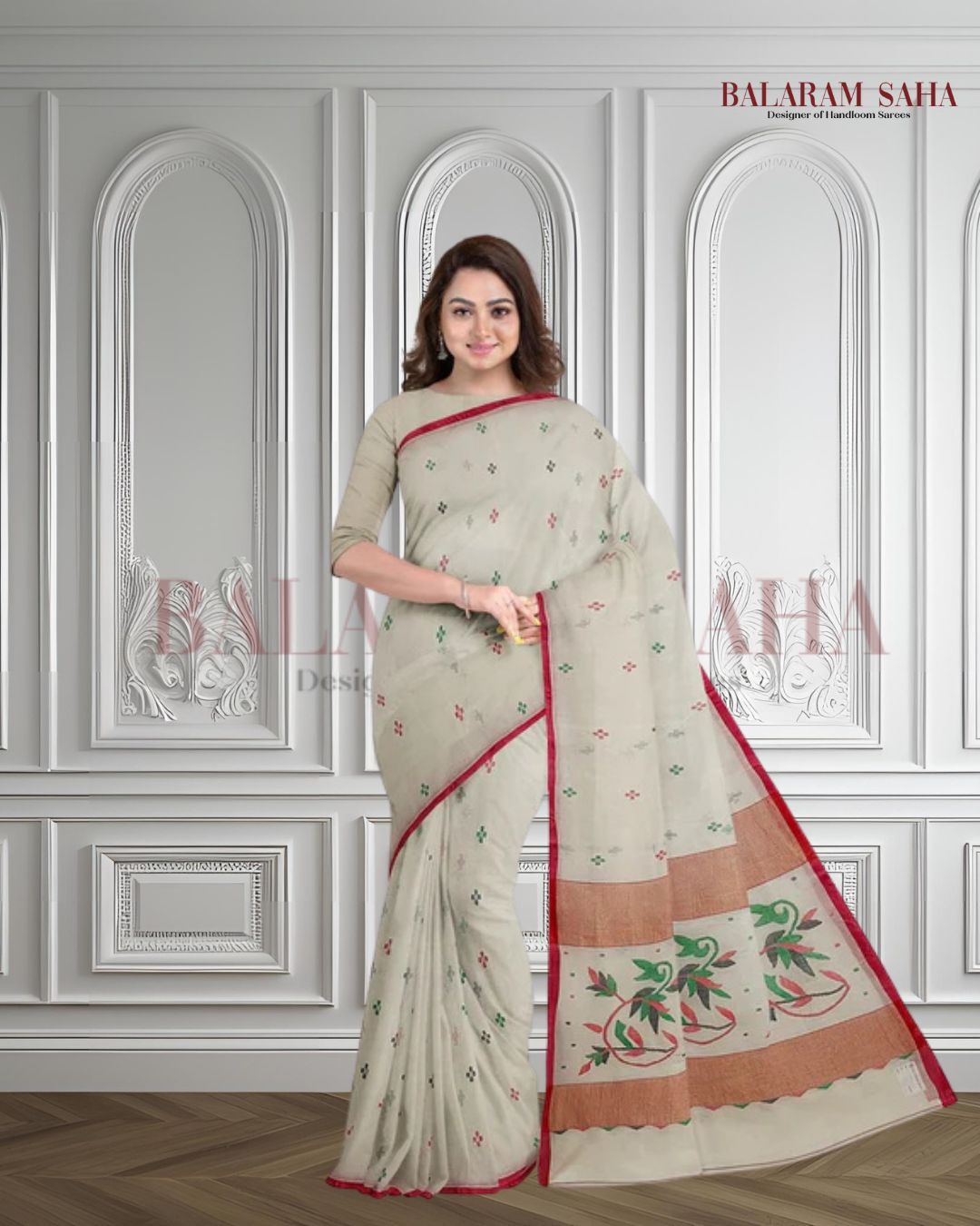 Classic White & Red Handloom Cotton Jamdani Saree by Balaram Saha Balaram Saha