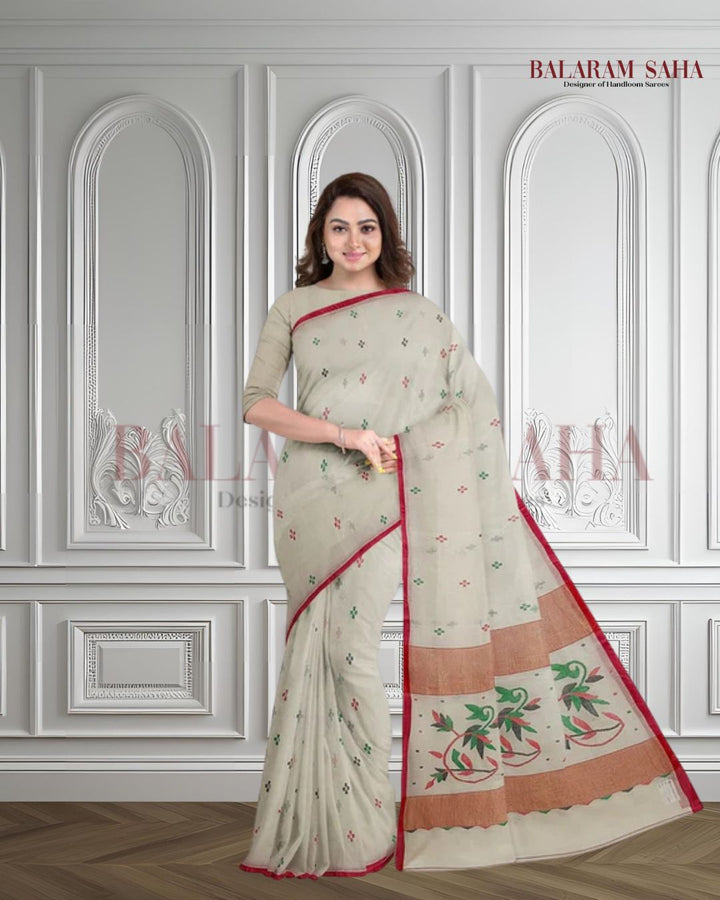 Classic White & Red Handloom Cotton Jamdani Saree by Balaram Saha Balaram Saha