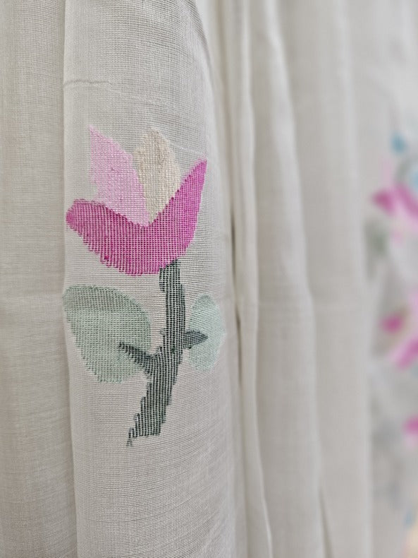 Cream Color Handwoven Muslin Silk Jamdani Saree Balaram Saha