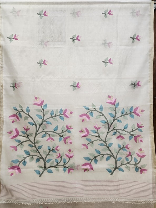 Cream Color Handwoven Muslin Silk Jamdani Saree Balaram Saha