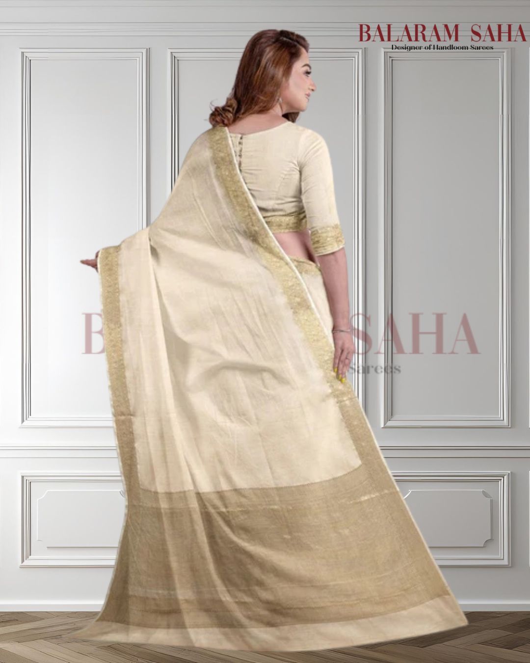 Cream & Gold Soft Handloom Silk Saree With Woven Zari Border by Balaram Saha - (handloom saree, Zari border, silk saree, handloom silk saree, balaram saha online, silk sarees, silk handloom saree, bengal handloom sarees, pure silk, silk saree online, bengali silk saree)  https://en.wikipedia.org/wiki/Main_Page