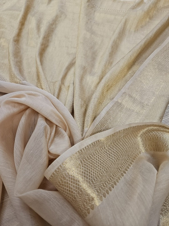Cream & Gold Soft Handloom Silk Saree With Woven Zari Border by Balaram Saha - (handloom saree, Zari border, silk saree, handloom silk saree, balaram saha online, silk sarees, silk handloom saree, bengal handloom sarees, pure silk, silk saree online, bengali silk saree)  https://www.adobe.com/