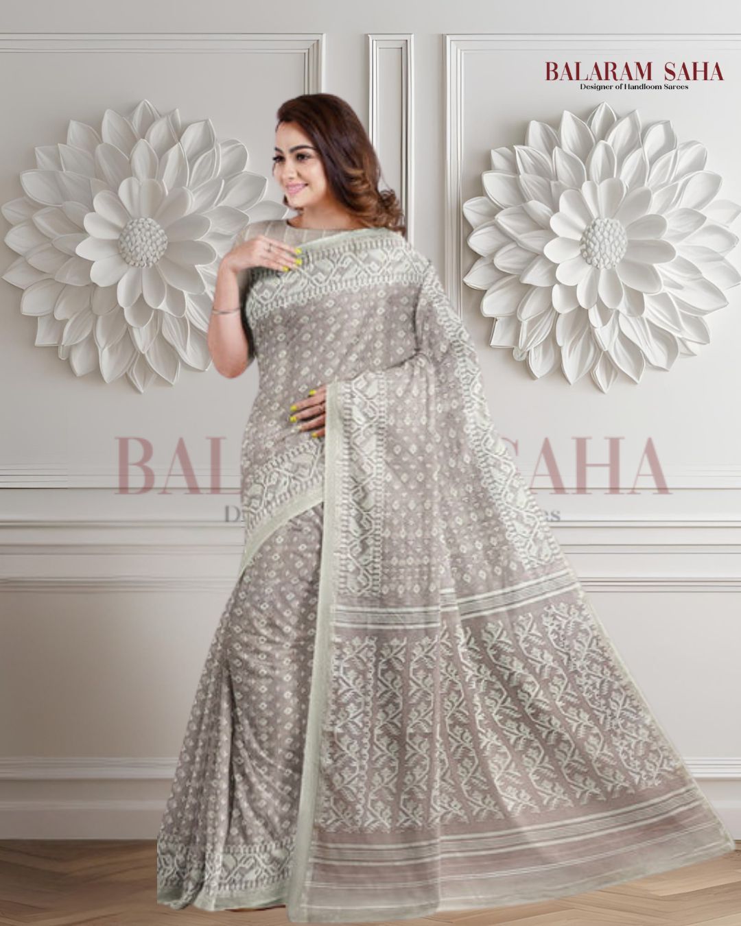 Light Rose Brown & White, soft handloom cotton/Resham dhakai saree Balaram Saha