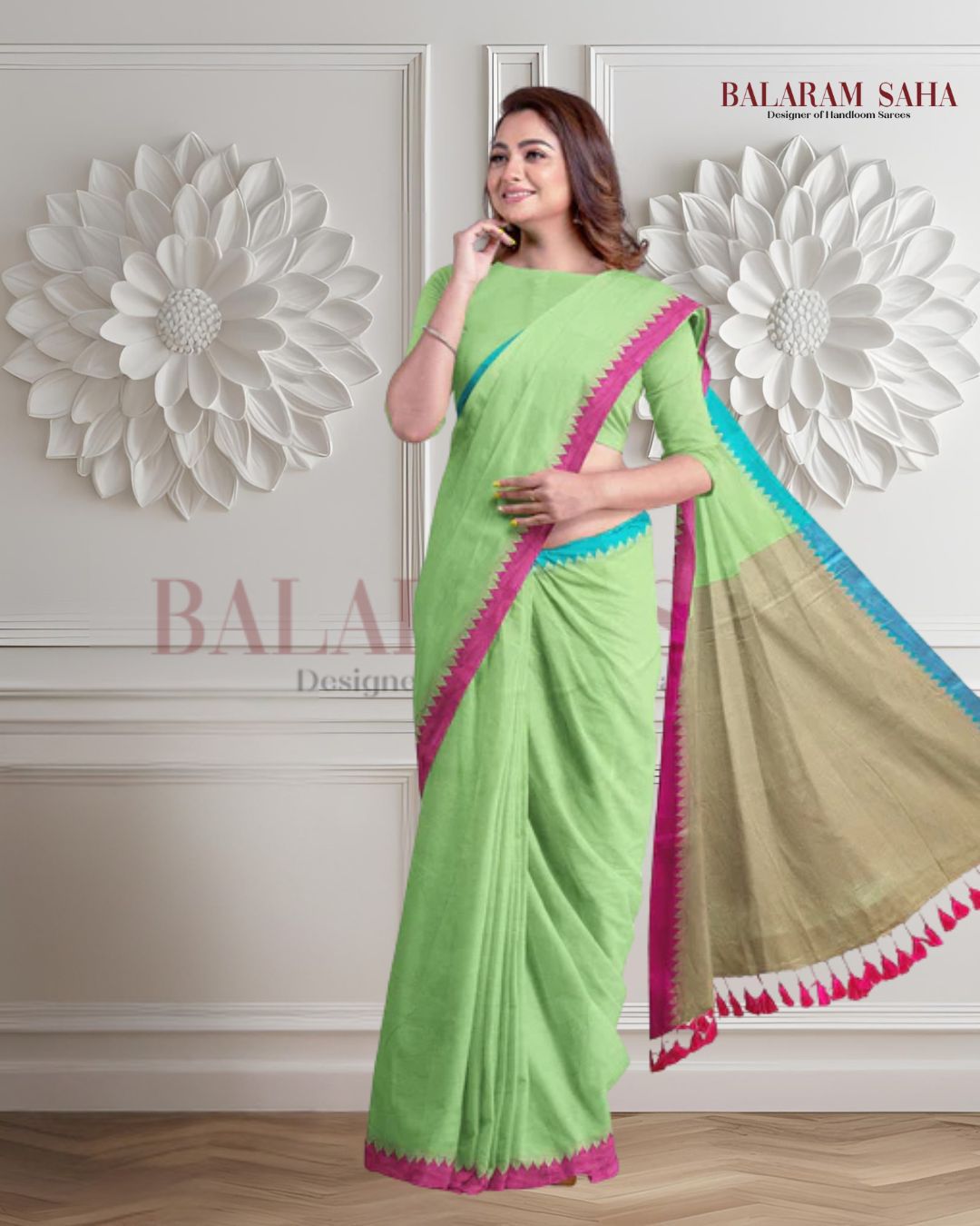 Green Soft Handloom Cotton Saree With Contrast Border Balaram Saha