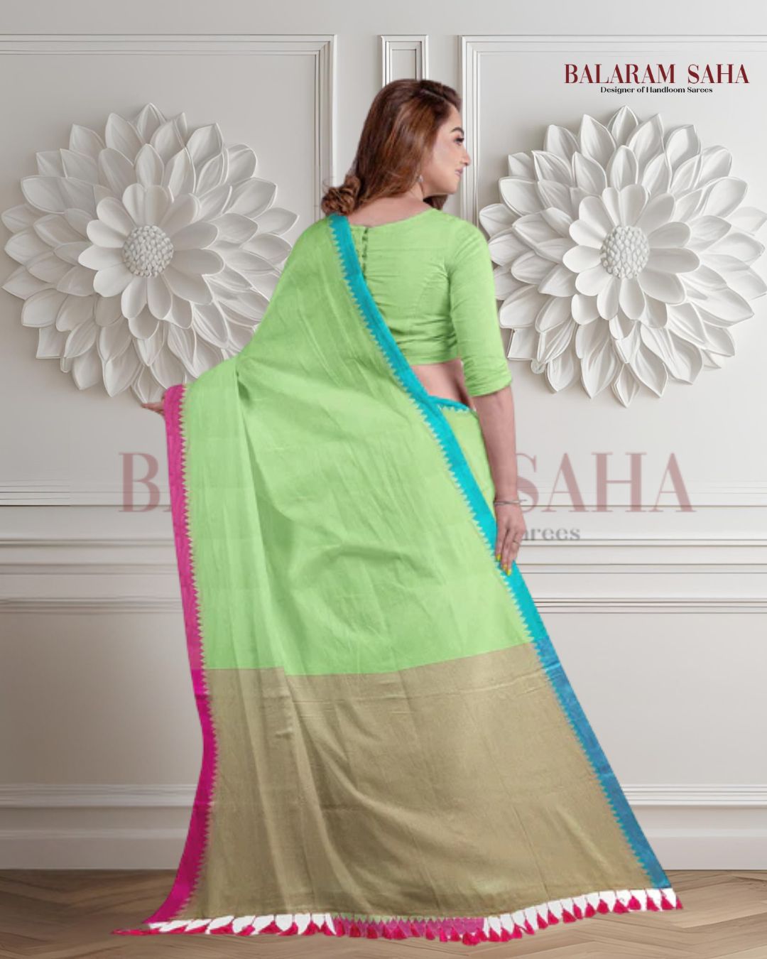 Green Soft Handloom Cotton Saree With Contrast Border Balaram Saha