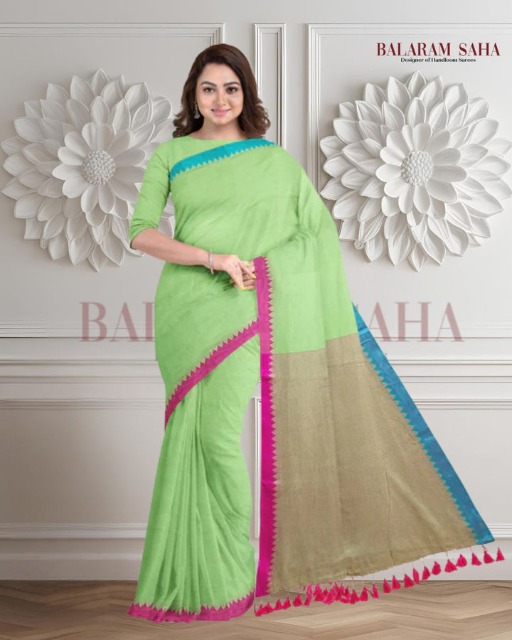 Green Soft Handloom Cotton Saree With Contrast Border Balaram Saha