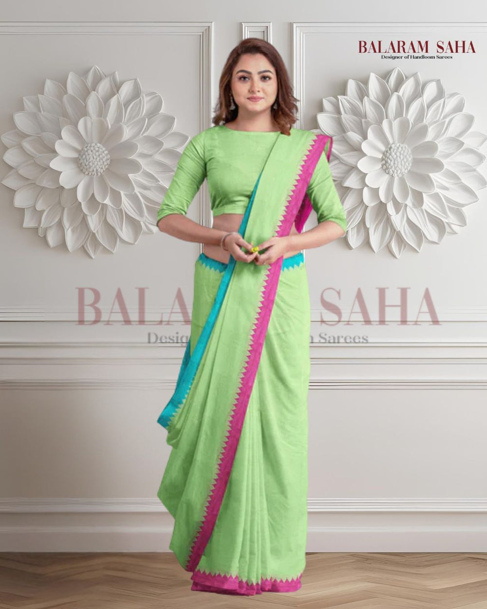 Green Soft Handloom Cotton Saree With Contrast Border Balaram Saha