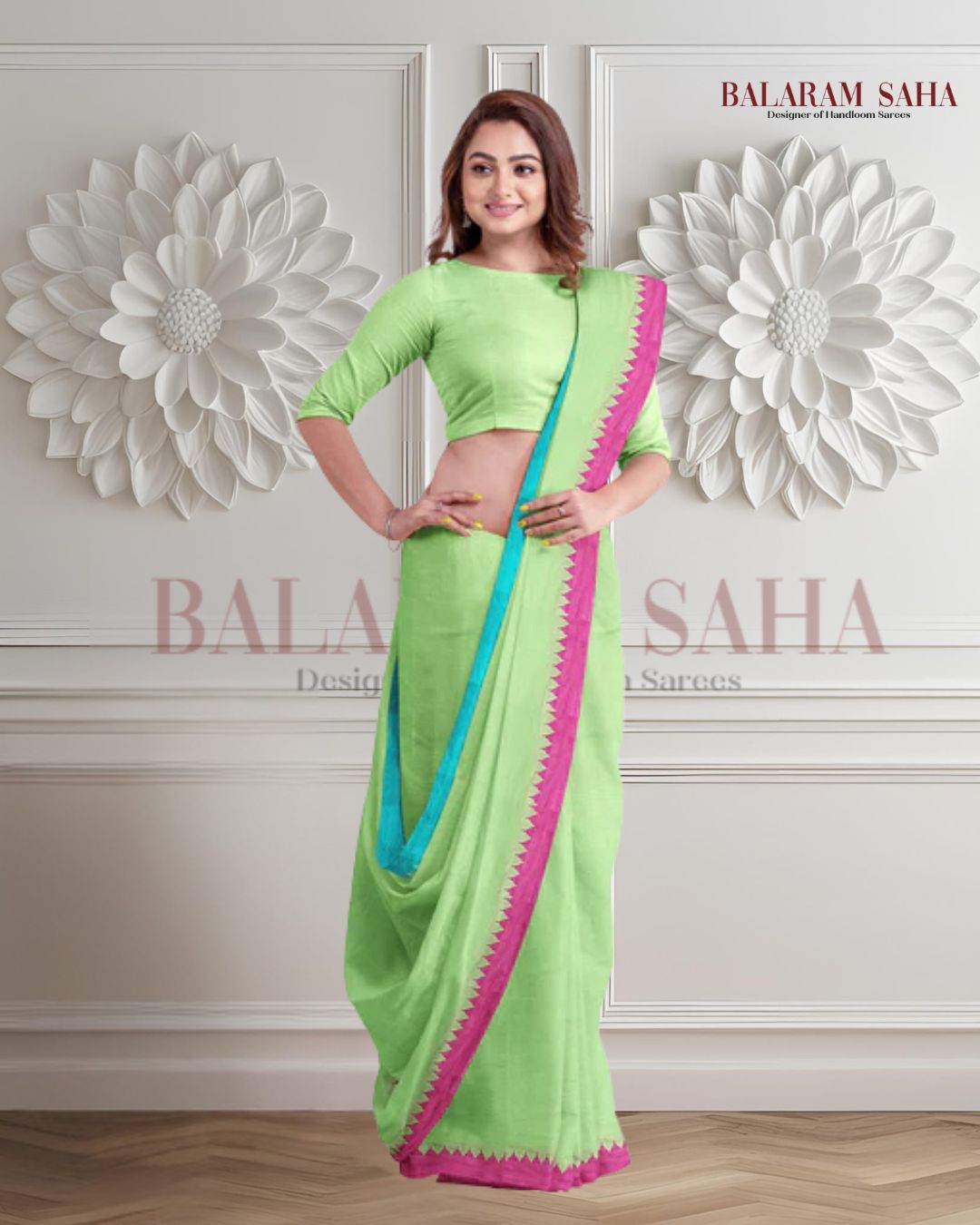 Green Soft Handloom Cotton Saree With Contrast Border Balaram Saha
