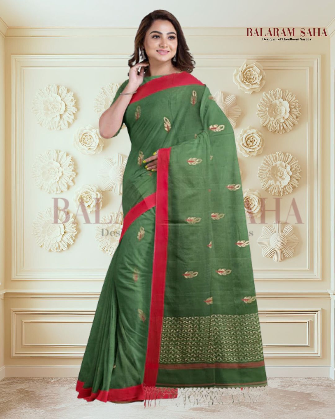 Green Soft & Fine Handloom Cotton Saree With Red Border Of Balaram Saha (handloom saree, cotton saree, handloom cotton saree, balaram saha online, handloom sarees, balaram saha handloom saree store photos, balaram saha handloom saree store, cotton handloom saree, bengal handloom sarees, pure cotton, Zari border, handloom cotton saree with zari border, soft cotton saree with zari border, cotton saree for women, cotton saree online)  https://balaramsaha.com/collections/jamdani-saree