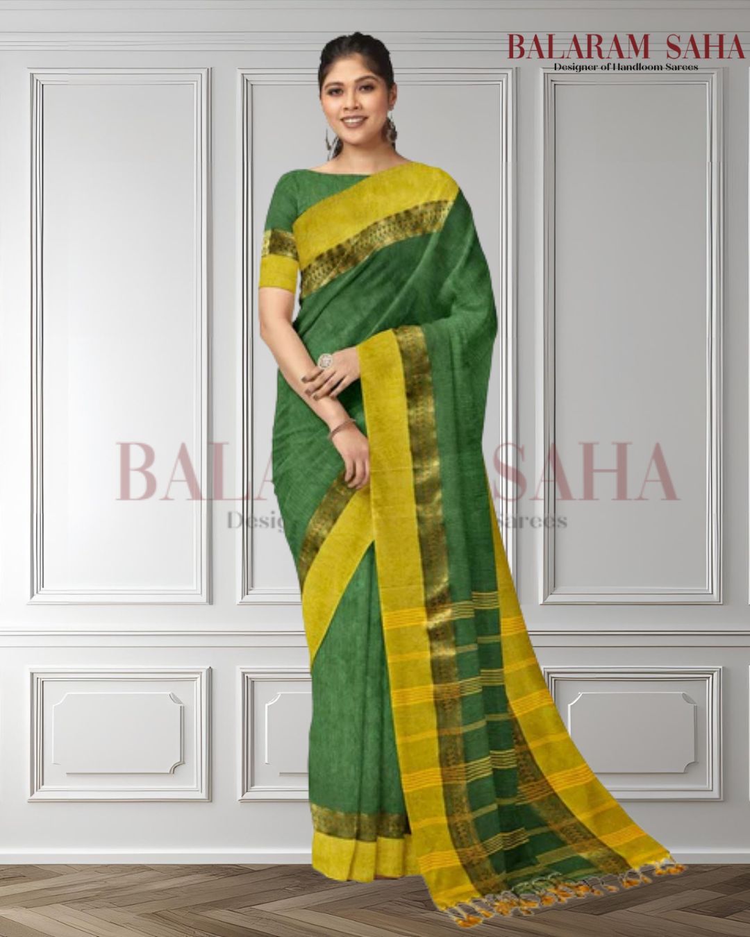 Green & Yellow Soft Handloom Cotton Saree By Balaram Saha - (handloom saree, cotton saree, handloom cotton saree, balaram saha online, handloom sarees, cotton handloom saree, bengal handloom sarees, pure cotton, cotton saree for women, cotton saree online)