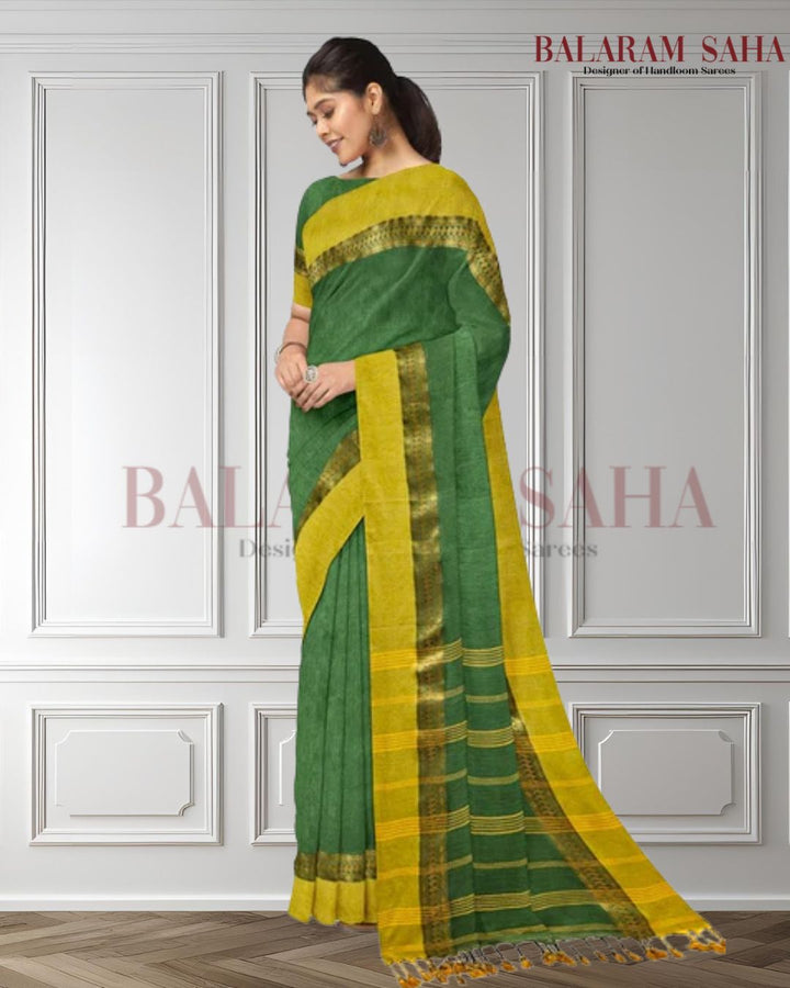 Green & Yellow Soft Handloom Cotton Saree By Balaram Saha - (handloom saree, cotton saree, handloom cotton saree, balaram saha online, handloom sarees, cotton handloom saree, bengal handloom sarees, pure cotton, cotton saree for women, cotton saree online)