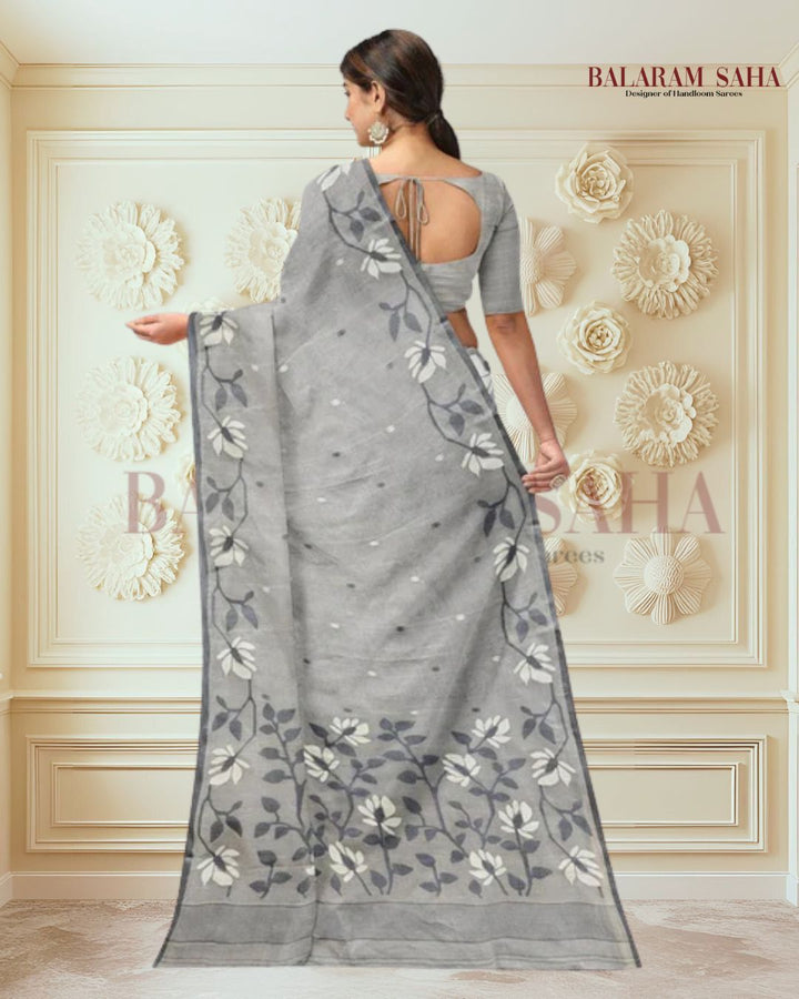 Grey Handloom Handwoven Cotton Jamdani saree Balaram Saha