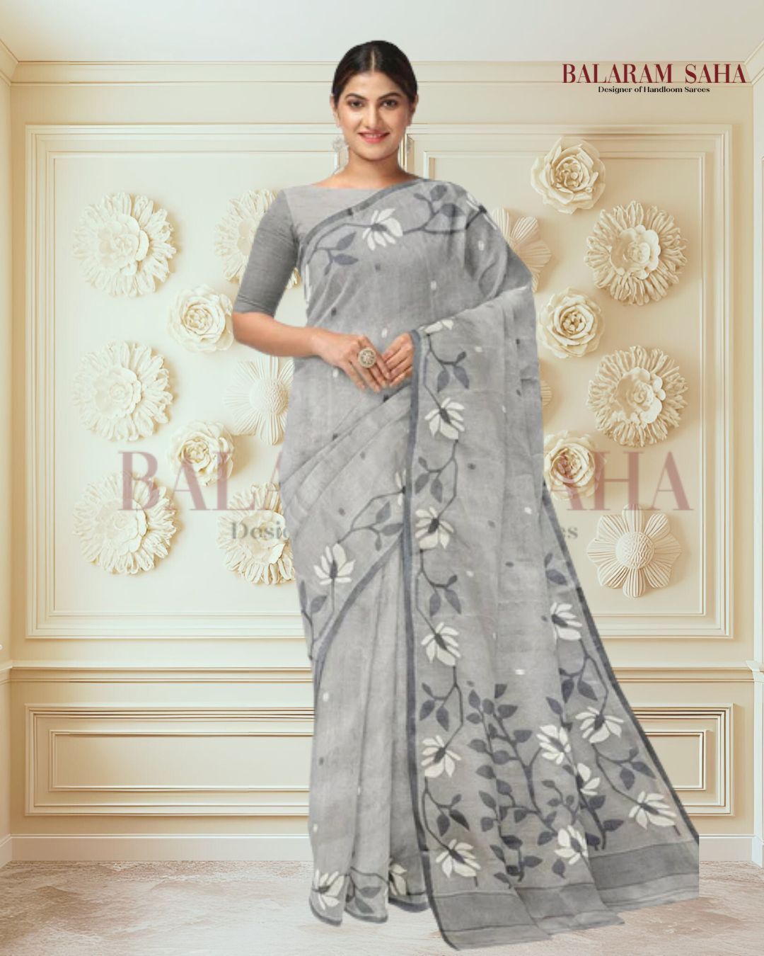 Grey Handloom Handwoven Cotton Jamdani saree Balaram Saha